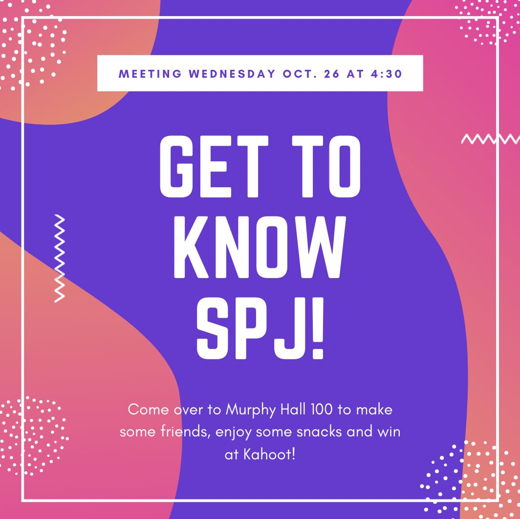Calling all student journalists! Come down to Murphy 100 tomorrow for snacks, a Kahoot and a chance to meet some other students! We're set to meet at 4:30, and you can help us think of guest speaker and event ideas for the rest of the year!