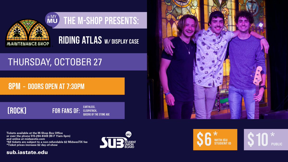 Riding Atlas and Display Case take the stage this Thursday (Oct. 27)!

Get your tickets at the M-Shop Box Office (M-F | 11am-5pm) or online now! 
midwestix.com/organizations/…