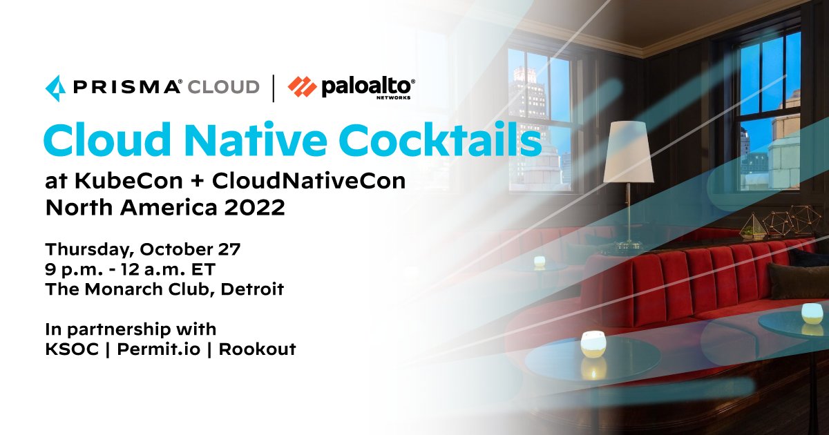 prisma_cloud's tweet image. Are you excited to celebrate #KubeCon + #CloudNativeCon North America 2022? 🍸 Join us, @rookoutlabs, @permit_io, and @ksoclabs, for Cloud Native Cocktails at @monarchclubdet! Reserve your spot today: bit.ly/3gK9qRv