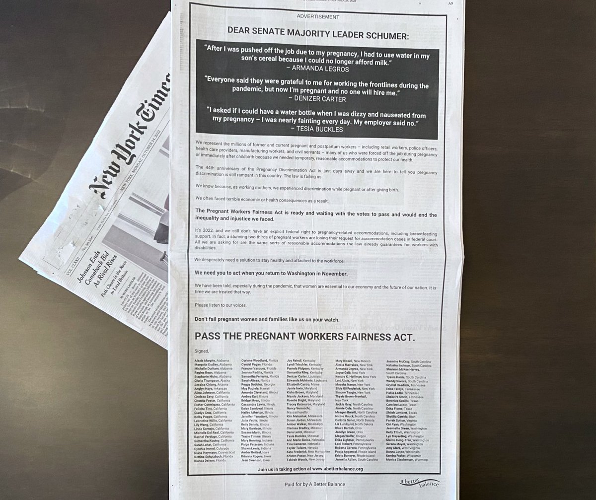 Read & share this powerful letter sent to @SenSchumer from 125 moms who were discriminated against at work due to pregnancy, lactation, or childbirth. We need the Senate to pass the Pregnant Workers Fairness Act & #ProtectPregnantWorkers now.