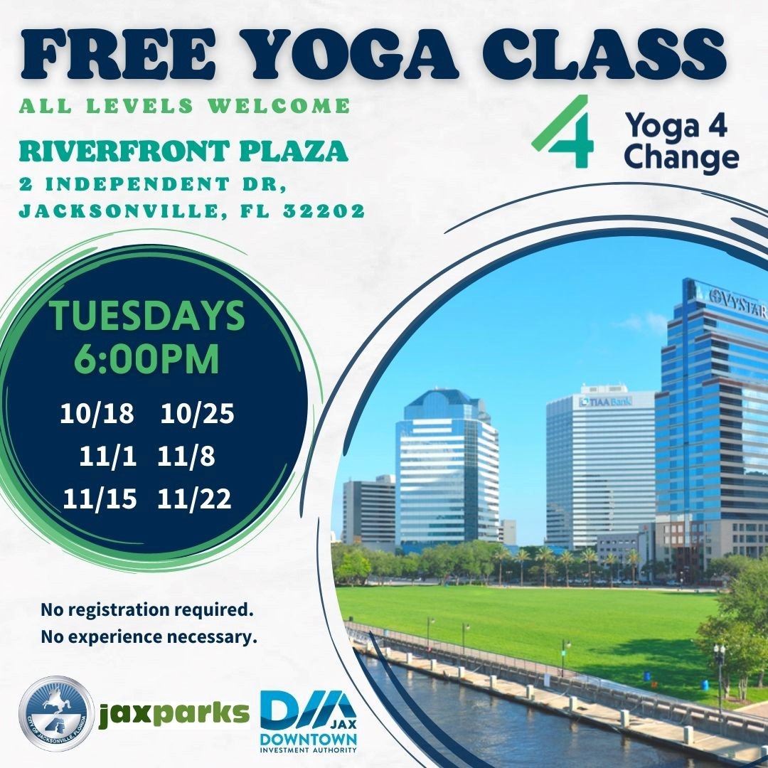 Reminder: Free yoga every Tuesday night at Riverfront Plaza continues tonight from 6 to 7pm 🧘 All ages and abilities are welcome - no pre-registration needed. Thank you to @yoga_4_change, @jaxparks, and the Downtown Investment Authority for presenting these amazing classes!