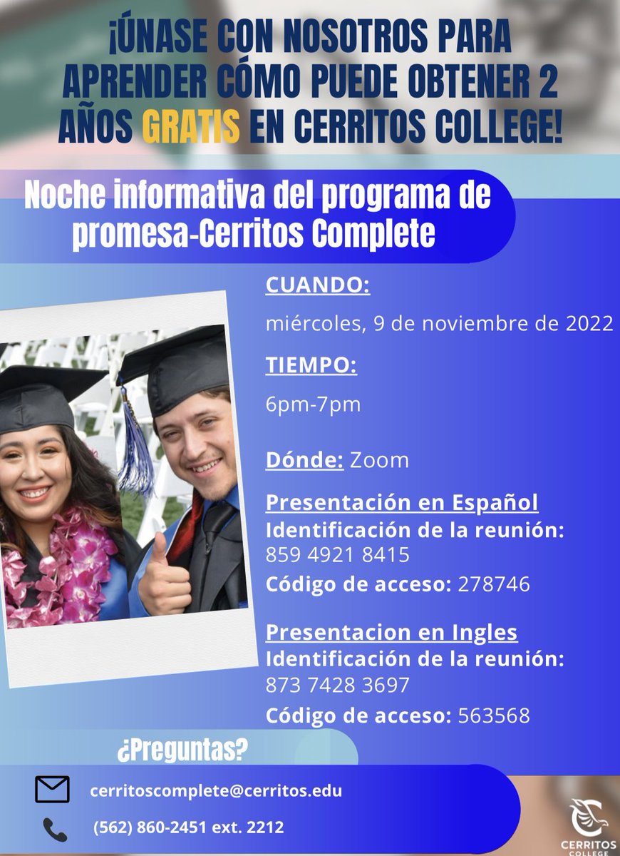 CerritosComplet's tweet photo. Join us on 11/9 to learn how you can earn #2YearsFree at @cerritoscollege through the #CerritosComplete #PromiseProgram ๐๐๐ https://t.co/hKLO2HNPXj