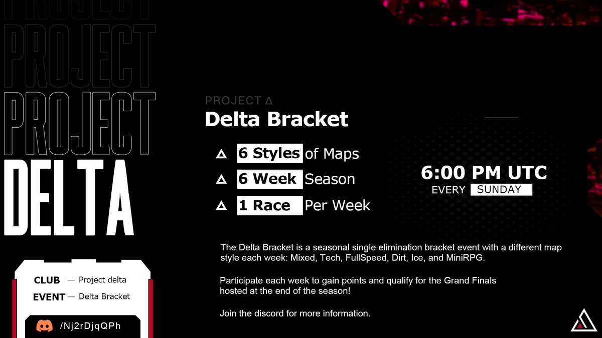 ProjectDeltaTM's tweet image. ANOTHER Announcement!
The Brand new seasonal single elimination Delta Bracket is coming!

The first edition is Sunday the 30th at 6:00 PM UTC, details in the attached image.

Join the Project Delta club and our discord server for more: discord.gg/Nj2rDjqQPh

#trackmania