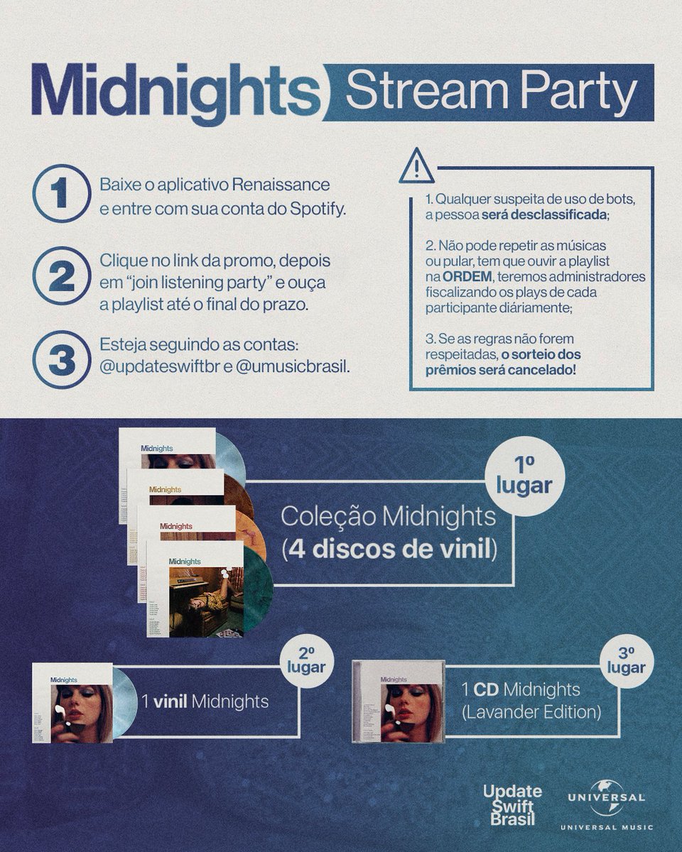 Streaming party COM BRINDES? Em parceria com a @umusicbrasil, vamos dar um jeito nisso! ⚠️ Dê streams para o “Midnights” e concorra ÀS 4 EDIÇÕES DE VINIL do 10º álbum de Taylor Swift. A dinâmica começa HOJE às 21h. #StreamPartyMidnightsUSBR RT e confira as regras: