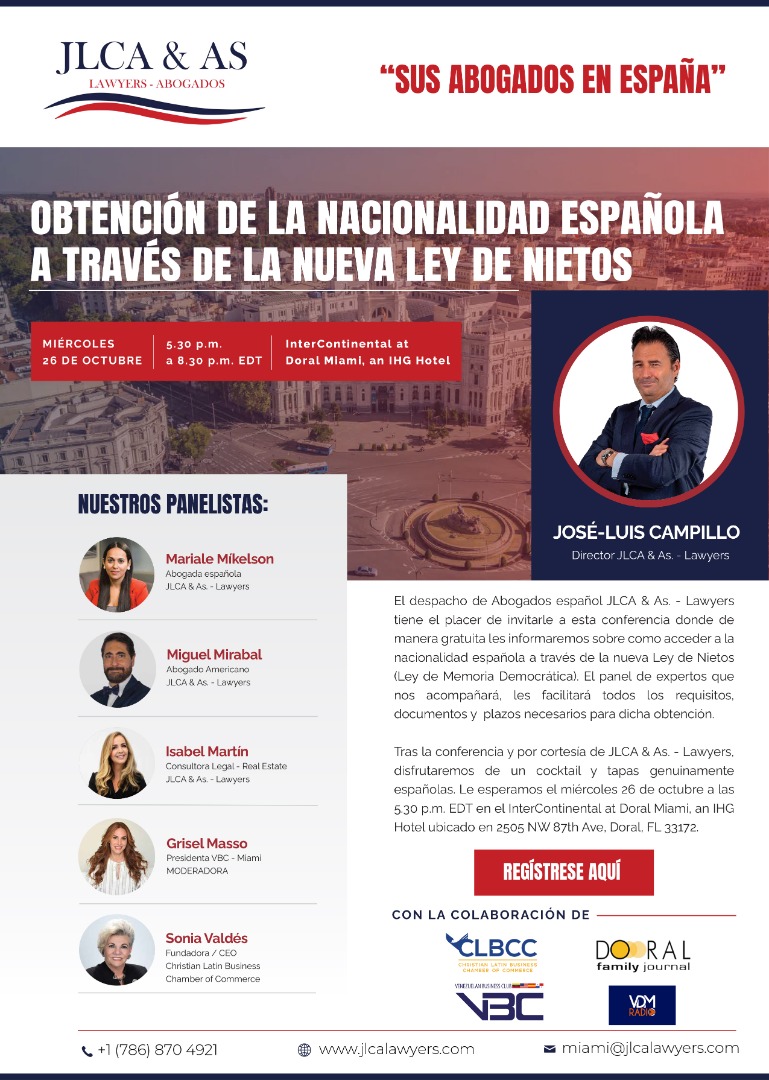 venbc's tweet image. MAÑANA - Interesados en obtener la nacionalidad Española? entérate cómo a través del panel de expertos que nos trae VBC USA y el despacho de Abogados español JLCA &amp;amp; As. - Lawyers. ESTE MIÉRCOLES 26 DE OCTUBRE. Más información: conta.cc/3D6xky4
conta.cc/3f0HZ5r