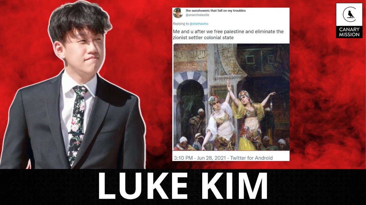 Former Sophomore Class President (!!!) and SJP member @KenyonCollege Luke Kim just wants to destroy the Jewish homeland: “Me and u [you] after we free palestine and eliminate the zionist settler colonial state.' canarymission.org/individual/Luk…