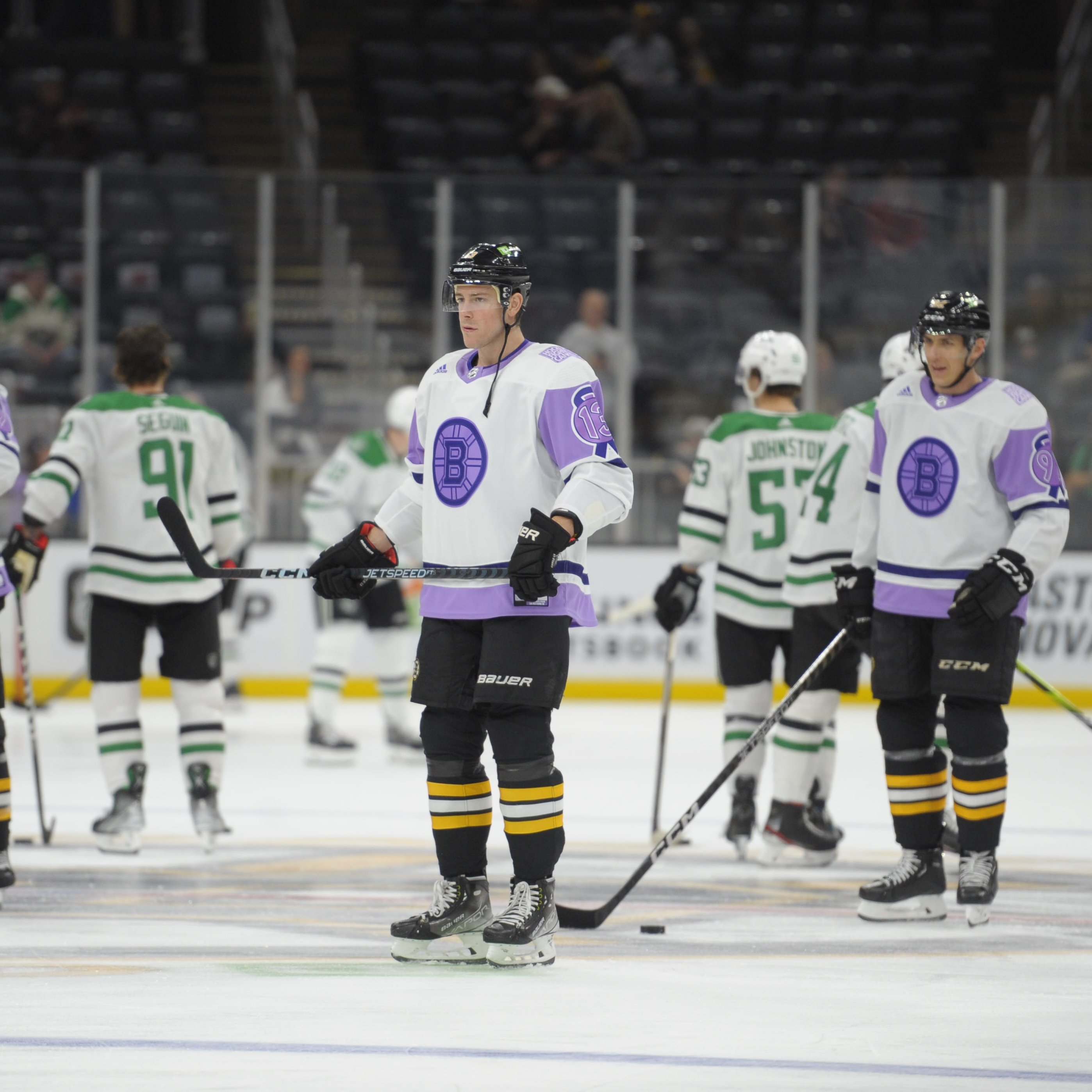 Boston Bruins on X: #NHLBruins wearing purple warmup jerseys for  #HockeyFightsCancer Night  / X