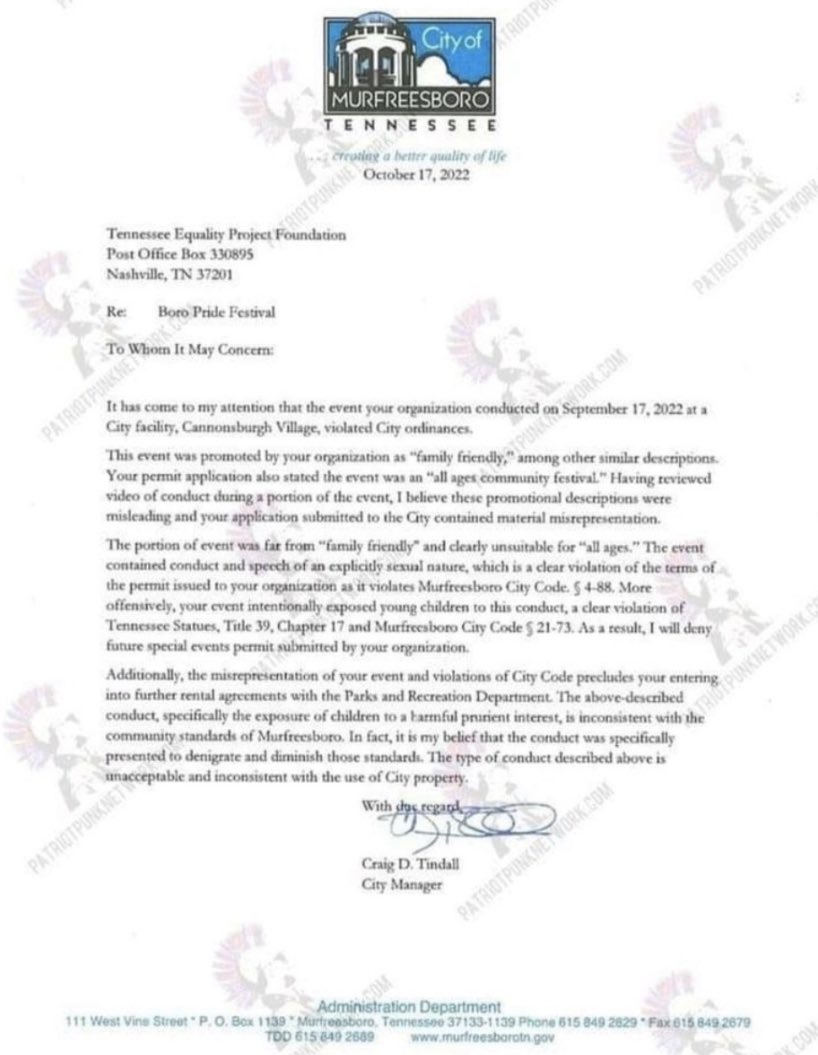 TheTNHoller's tweet photo. INBOX: @cityofmborotn Murfreesboro writes to BORO PRIDE vowing to deny future event permits over what it calls “conduct and speech of an explicitly sexual nature”, claiming they misrepresented their event.🏳️‍🌈 

We have asked Craig Tindall for specifics.🤔 (H/T @Brandon4Tenn) https://t.co/3JUaYJzsR9