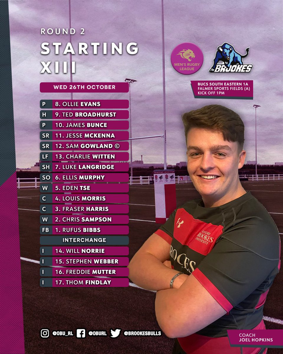 𝗥𝗢𝗨𝗡𝗗 𝟮 - 𝗕𝗨𝗖𝗦 𝗦𝗢𝗨𝗧𝗛 𝗘𝗔𝗦𝗧𝗘𝗥𝗡 𝟭𝗔

Massive game tomorrow away <a href="/Brighton_RL/">Brighton Uni RL</a> 

⏰ KO 1PM 
📍 Falmer Sports Fields (BN1 9PH)

Would be great to get as many bulls down to support the boys 🐂❤️

#BrookesBulls #RugbyLeague