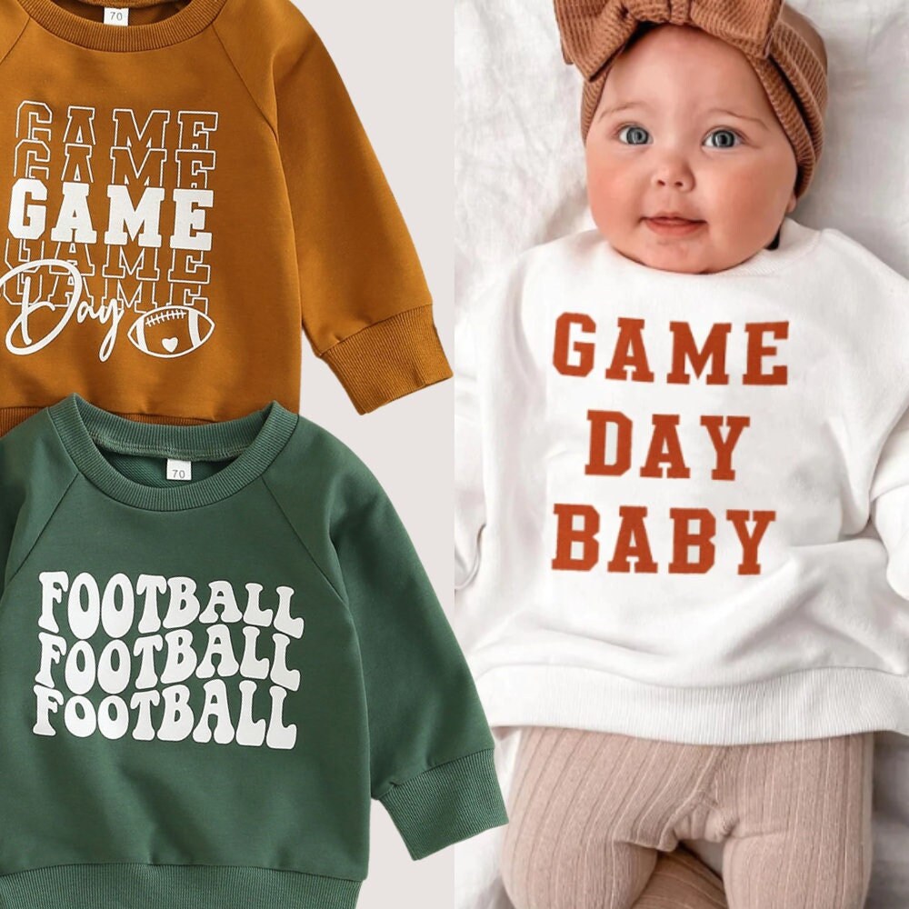 designsbycay's tweet photo. 🏈🦃🧡Game Day Football Sweatshirts Pullover for Toddler, Infant Baby Clothing https://t.co/njJI4mJDVt #thanksgiving #streetwear #pulloversweatshirt #organiccotton #football #forkids #forbabies https://t.co/VQ9JlrDALl