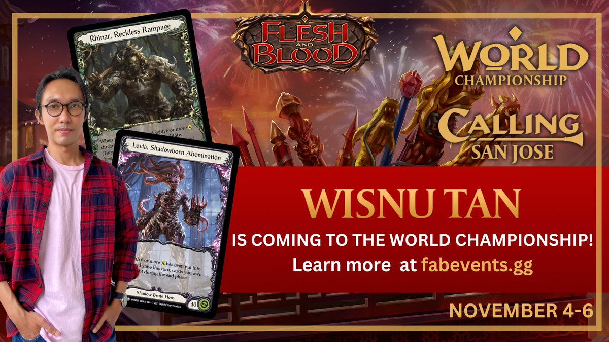Joining us for the #fabWorldChamps is <a href="/WisnuTan/">Wisnu Tan</a>  - the talented artist behind popular #fabtcg heroes such as Rhinar, Levia and Viserai! 
Visit artist alley &amp; get your FAB cards signed to commemorate the event!
Tickets available for #CallingSanJose at fabevents.gg