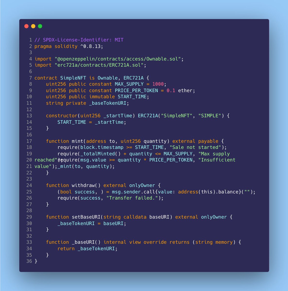 Cygaar's helpful breakdowns #4:

Writing your first NFT smart contract.

The 36 lines below do 90% of what most NFT contracts do. So let's break it down and see how it works 🧵: