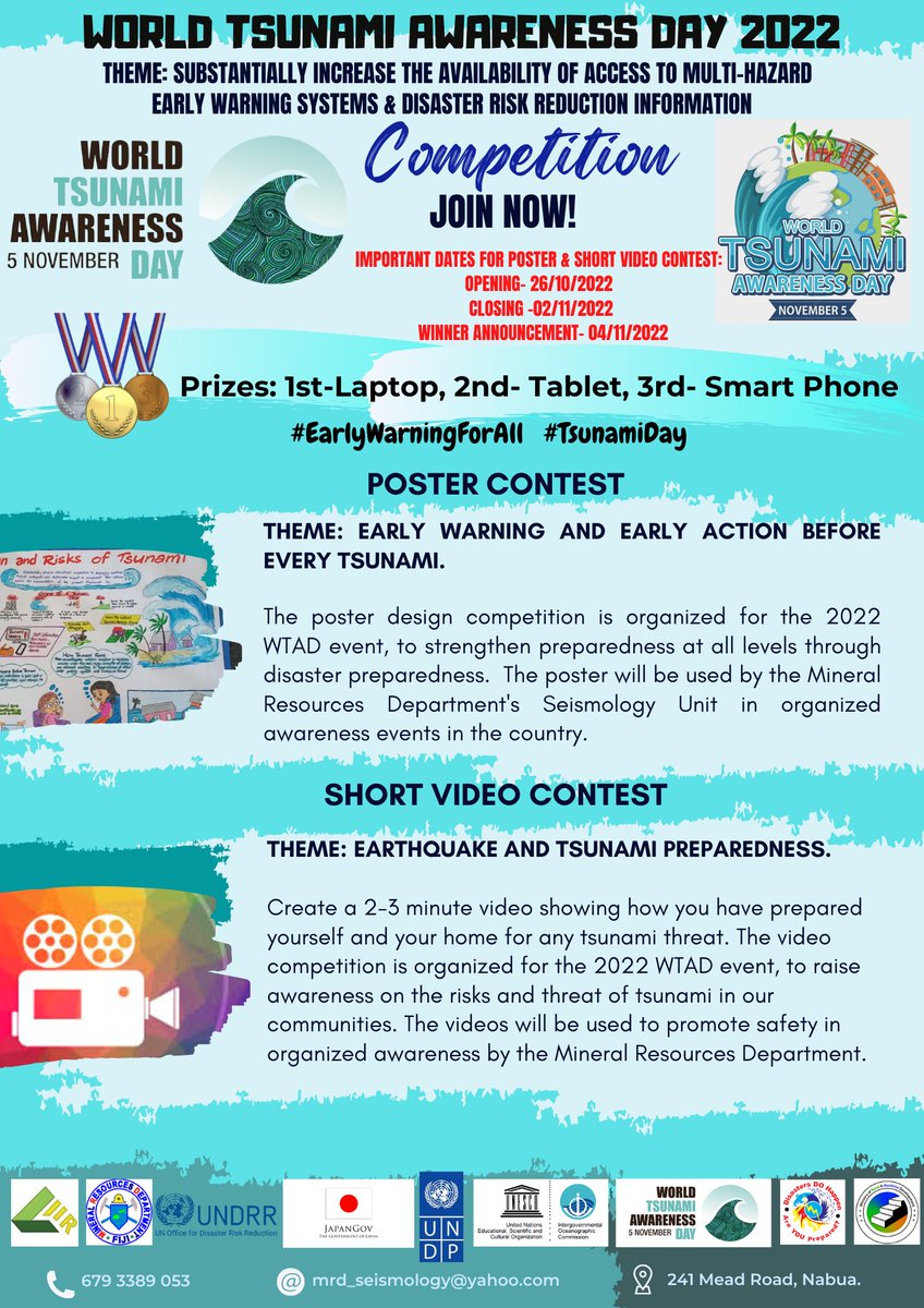 Encouraging all Fijians to participate in this year's World Tsunami Day Poster and Video Competition to wing some awesome prizes!
More details in the posters below:

@FijiSeismology 

#EarlyWarningForAll #TsunamiDay #TsunamiReady