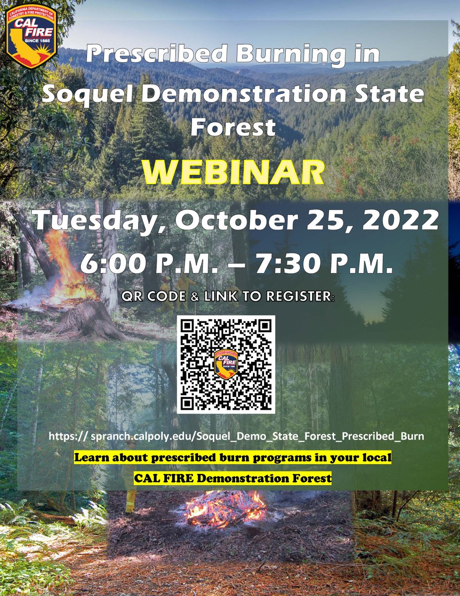 HAPPENING TONIGHT: Learn about prescribed🔥fire in the Soquel Demonstration State Forest. 🌳🌳🌳 Watch our Webinar tonight! 💻👀 It begins at 6:00pm. Register using the QR code or link in news release. #WhyWeBurn
Download News Release 
➡️ tinyurl.com/4nztutvc #CaWx