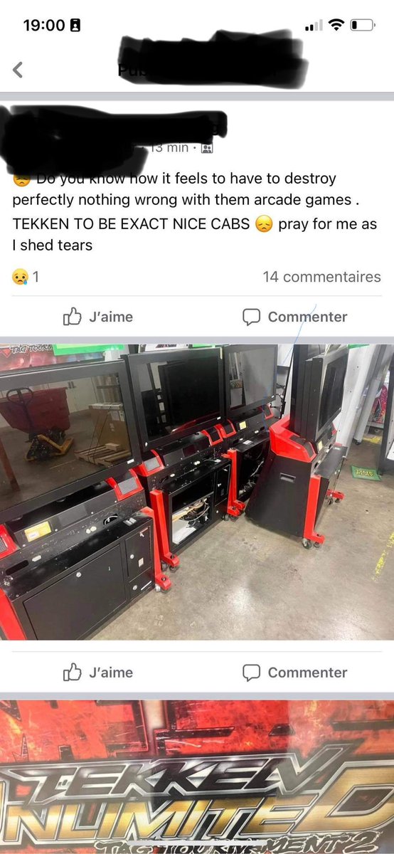 jammajunk's tweet photo. This guy on facebook posted about having to destroy at work  perfectly working #viewlix (?)  arcade cabinet with what seems to be the latest tekken arcade game. Pretty crazy. It seems that it’s done for tax reason. Another screenshot in the replies https://t.co/tWZOV6QgGk