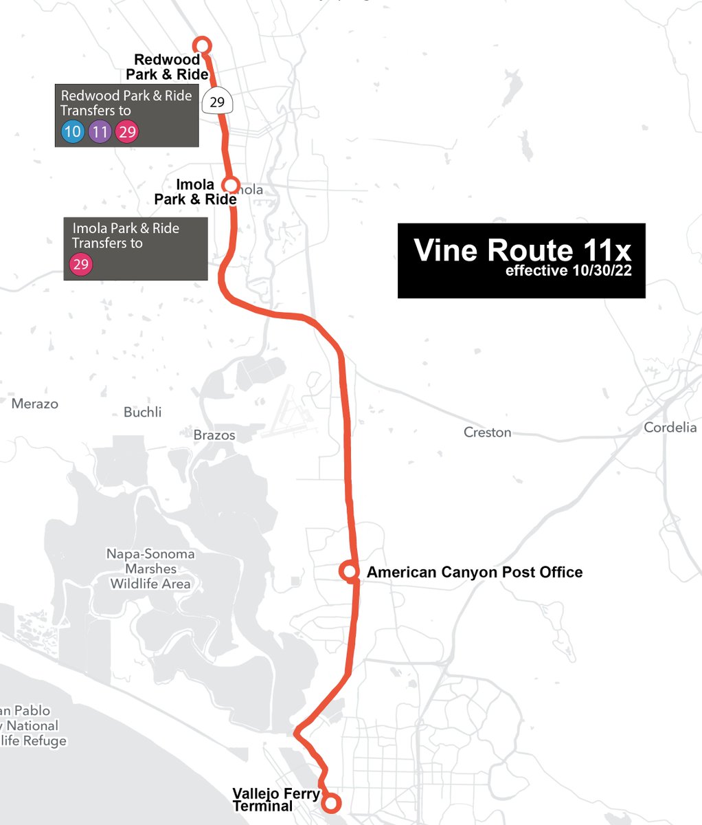 Starting October 30, Vine Route 11X (service to Vallejo Ferry) and 29 (service to BART) will stop at Imola Park &amp; Ride in Napa instead of Soscol Gateway Transit Center. 🚌🚌🚌 nvta.ca.gov/route-11x-and-…