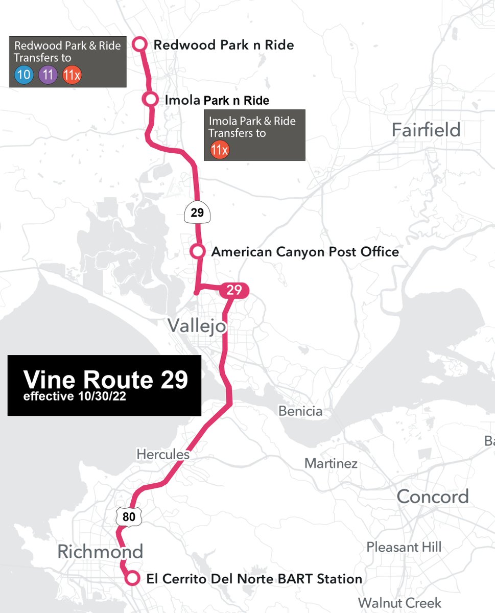 VineTransit's tweet photo. Starting October 30, Vine Route 11X (service to Vallejo Ferry) and 29 (service to BART) will stop at Imola Park &amp; Ride in Napa instead of Soscol Gateway Transit Center. 🚌🚌🚌 https://t.co/HbDh5sAQ5n https://t.co/l2psbA6fWy