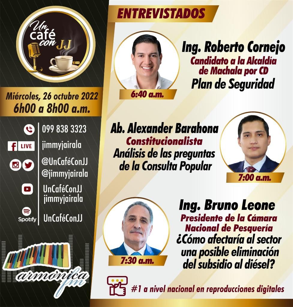 Mañana en <a href="/UnCafeConJJ/">Un Café con JJ</a> tendremos a los siguientes invitados: <a href="/RobCornejo18/">Roberto Cornejo</a>, <a href="/aa_barahona/">Alexander Barahona</a> y <a href="/brunoleonep/">Bruno</a>. Los esperamos desde las 06:00 por <a href="/SomosArmonica/">Solo Lindas Canciones</a> y todas nuestras redes sociales.
