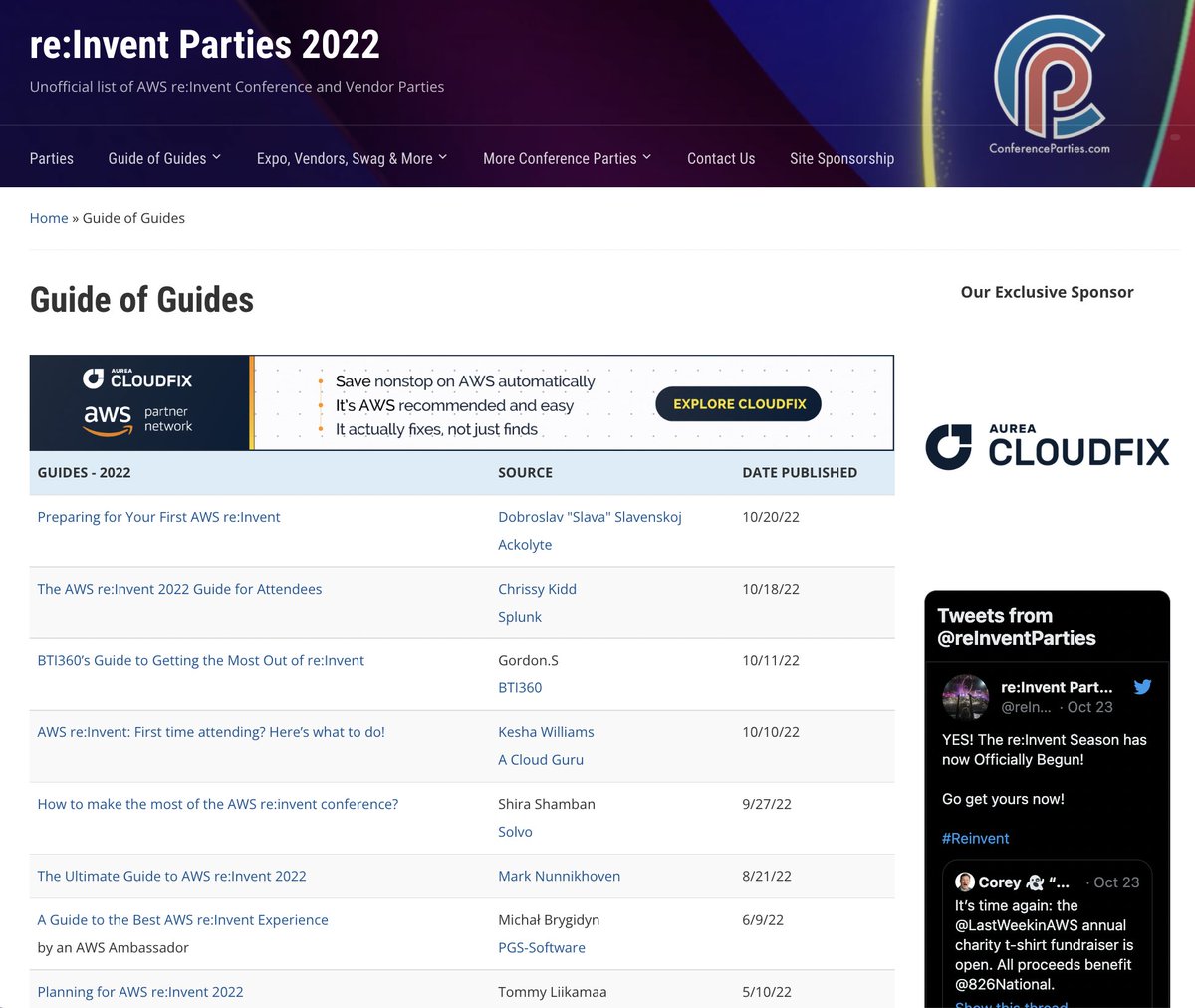 reInventParties's tweet photo. Hey re:Invent Newbies! Welcome to the Party! 

You Survived the Session Catalog! 

Now get the Scoop on the Rest of #reInvent! 

We have added New Guides from @Splunk @AckolyteHQ @BTI360 and @aCloudGuru!

Come check them out!

https://t.co/zmLwAyAtup

#reinvent2022 https://t.co/uzO6yrp2WP