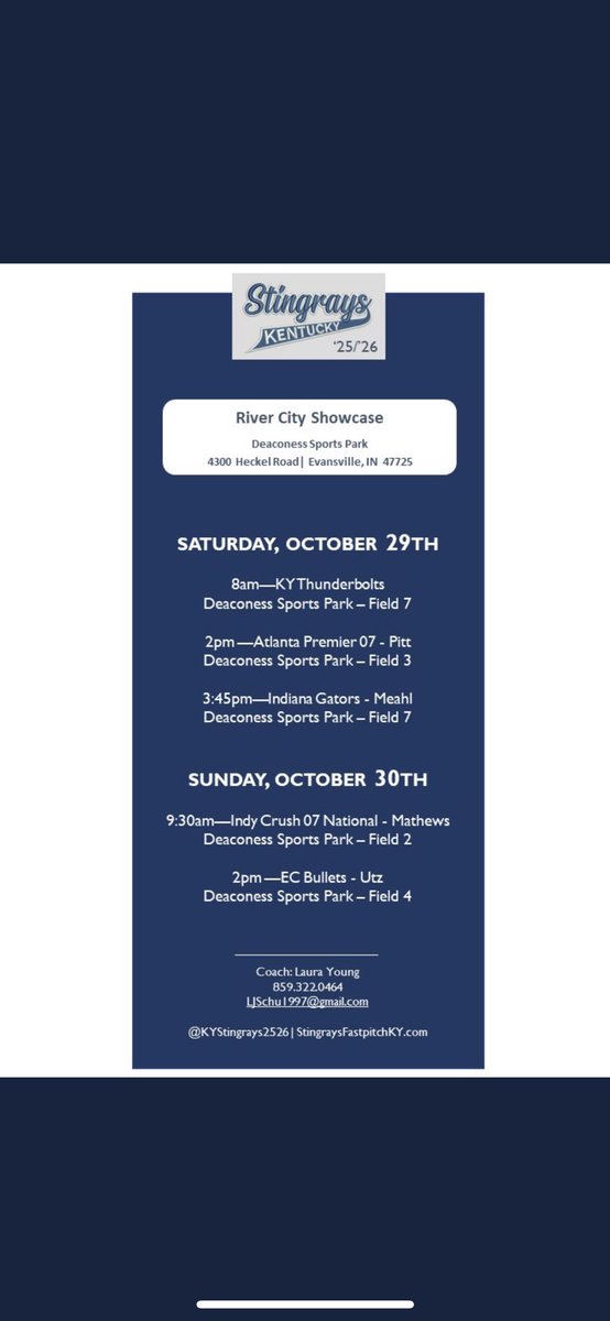 <a href="/kystingrays2526/">Kentucky Stingray's ’25/’26</a> will be playing in Evansville, IN this weekend!! Come out and watch us play!! <a href="/BallStateSB/">Ball State Softball</a> <a href="/FCGrizSoftball/">Franklin College Softball</a> <a href="/HanoverSBall/">Hanover College Softball</a> <a href="/UIndySoftball/">UIndy Softball</a> <a href="/USISOFTBALL/">USI SOFTBALL</a> <a href="/UIndySoftball/">UIndy Softball</a> <a href="/SUSoftball/">Spalding U Softball</a> <a href="/UEAthletics_SB/">UE Softball</a> <a href="/asburysoftball1/">Asbury Softball</a> <a href="/CentreCSoftball/">Centre Softball</a> <a href="/IndStSoftball/">Indiana State Softball</a>