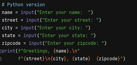 ProfitzTV's tweet photo. I'm going to be doing comparisons as I learn each language so I can maintain both. Here's a quick one about taking an address input from the console and printing it. There might be easier ways but I'm learning!
C++ and Python
#TheBaldDev #Python #Cplusplus #Dev #Learning2Code https://t.co/DhoYdSgYxx