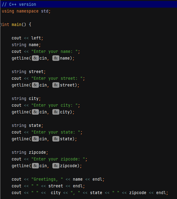 ProfitzTV's tweet photo. I'm going to be doing comparisons as I learn each language so I can maintain both. Here's a quick one about taking an address input from the console and printing it. There might be easier ways but I'm learning!
C++ and Python
#TheBaldDev #Python #Cplusplus #Dev #Learning2Code https://t.co/DhoYdSgYxx