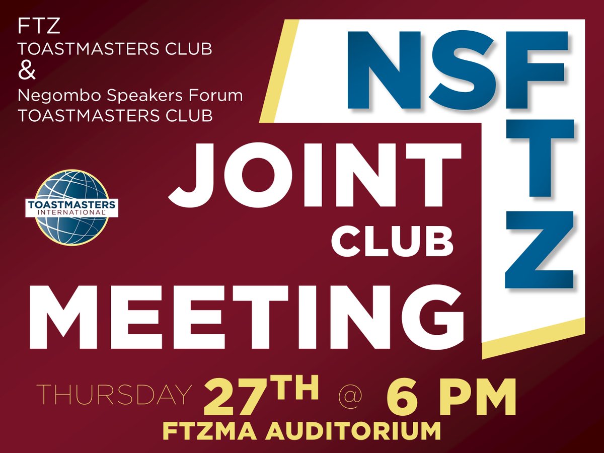 #sharing #experience, #sharing #memories &amp; #sharing #talents in one meeting.
The joint Club meeting of FTZ Toastmasters Club &amp; Negombo Speakers Forum Toastmasters  happening on 27th #November -6 PM @ FTZMA Auditorium.
FTZ Toastmasters Club, Negombo Speakers Forum Toastmasters,