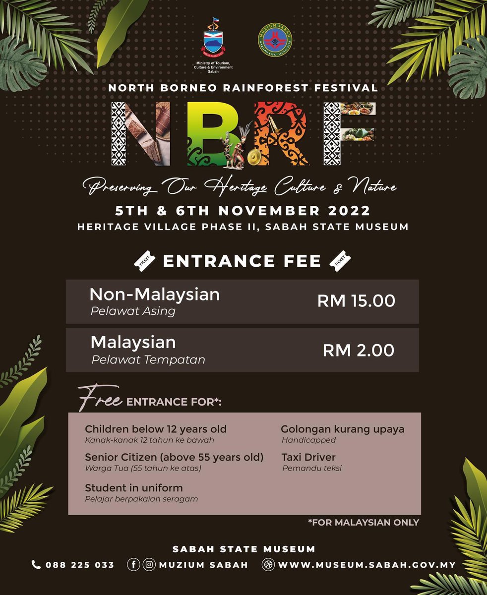 Muzium_Sabah's tweet photo. Hi gais! Kamu sudah dengar? North Borneo Rainforest Festival is back!
Marilah ramai-ramai datang kasih meriah! Siapa jumpa admin kena belanja sikit ๐ซฃ @KKCity @ERASabah
https://t.co/LOng6pRtnA
#NBRF2022
#MuziumSabah
#HeritageVillage
#HelloSabah https://t.co/FCinK5Nhoq