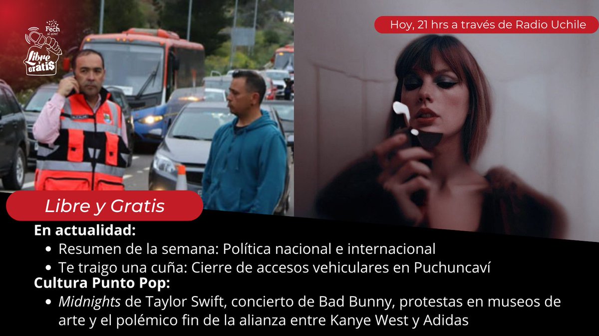 Volvemos para actualizarte del contexto político global🤓

 Quédate a la segunda parte para escuchar cultura punto pop🍭 y enterarte de novedades culturales y del espectáculo🎤🎭🎨.
#BadBunny #TaylorSwift

¡Acompáñanos hoy a las 21 hrs!

📻 102.5 FM
💻radio.uchile.cl/senal-en-vivo