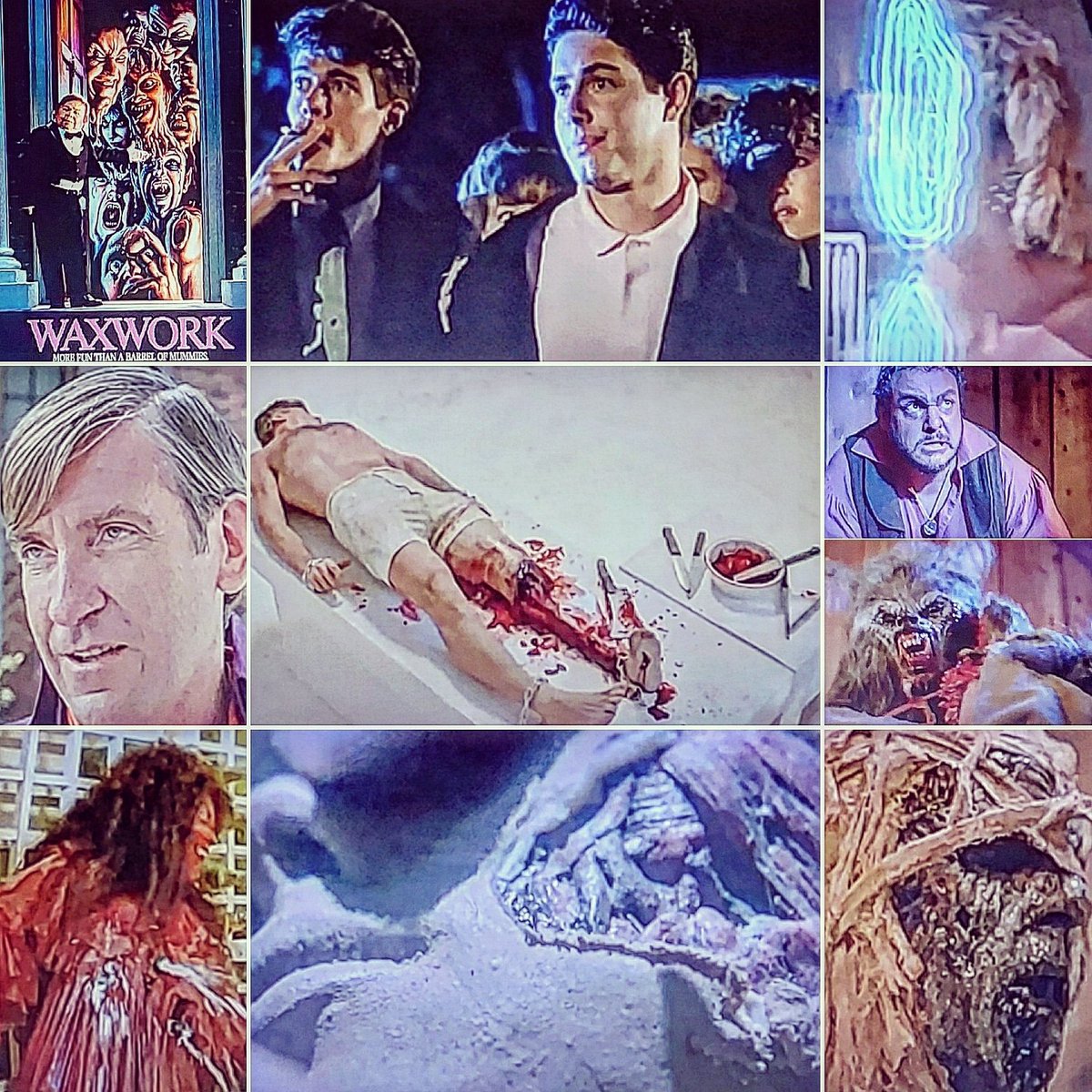 owikj's tweet photo. #31horrorfilms31days #octoberhorrormoviechallenge : Day 26 - #waxwork 🎃📼💿💻
#zachgalligan #danaashbrook #waxmuseum #waxfigures #portal #davidwarner #ripdavidwarner #noskin #legbone #johnrhysdavies #werewolf #rippedinhalf #vampire #impaled #themummy #bloodandgore https://t.co/r2ojGJR63g