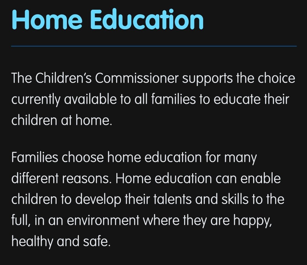 <a href="/rocdaboss76/">Rocio Cifuentes</a> <a href="/childcomwales/">Comisiynydd Plant | Children's Commissioner Wales</a> really disappointing to see some of the phrasing still present on your website. Home Ed is not a "choice currently available" it is the default option for education and is of equal legal status to government-provided alternatives #HomeEdCymru