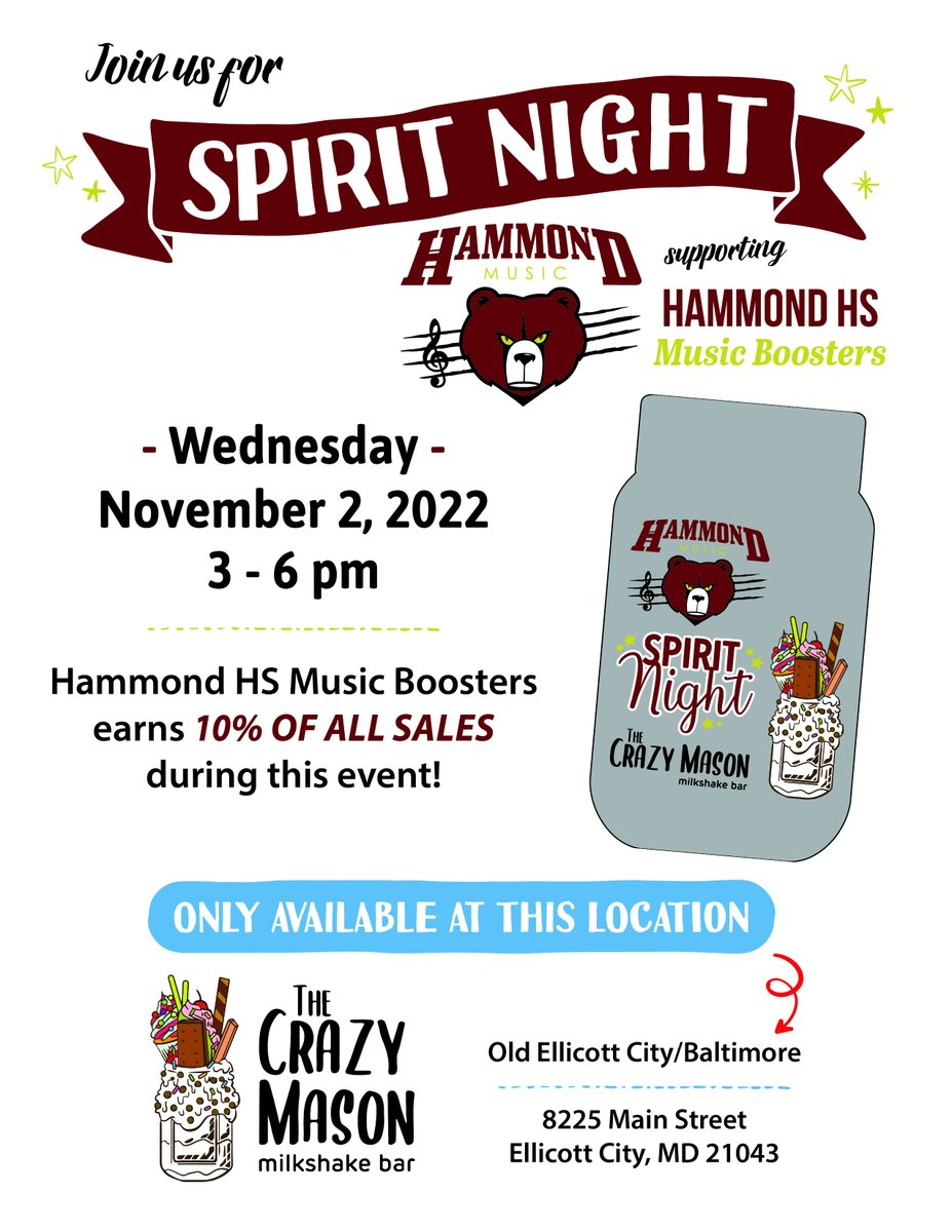 HaHSMusicBoosts's tweet photo. Golden bears! Join us for Hammond HS Music’s spirit night fundraiser at The Crazy Mason milkshake bar on November 2, 3-6 p.m.
Early dismissal = lots of time for the CRAZIEST milkshake you’ve ever seen, all while supporting @hammond_band , @Hammond_Orch, and @HammondChoir. YUM! https://t.co/K2S6IsfpjZ