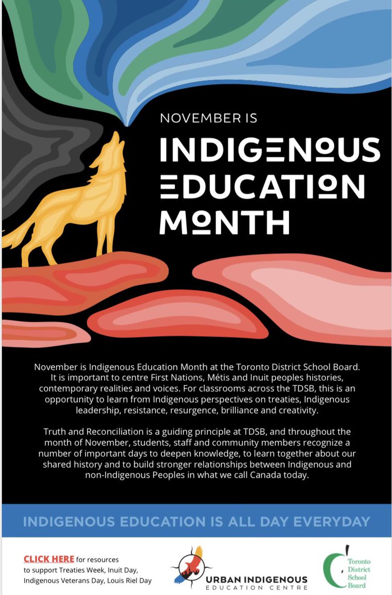 Next Tuesday, November 1 <a href="/UIEC_Tdsb/">UIEC_TDSB</a> celebrates Indigenous Education Month <a href="/tdsb/">Toronto District School Board</a> - check out events on MyPath. Indigenous Education all day, everyday to learn from and listen to First Nations, Métis and Inuit folks
