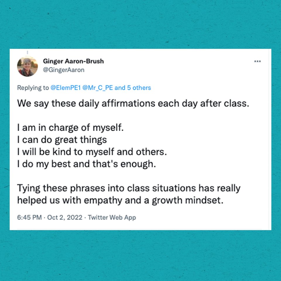 teacher2teacher's tweet photo. Have you ever tried closing class with affirmations? 

Why not try this week?

Join #TeachTogetherT2T to try out a new way to start or end class. More ideas here! ⤵ ⤵ ⤵

https://t.co/nYyVQgGTlE https://t.co/GmAzR48v21