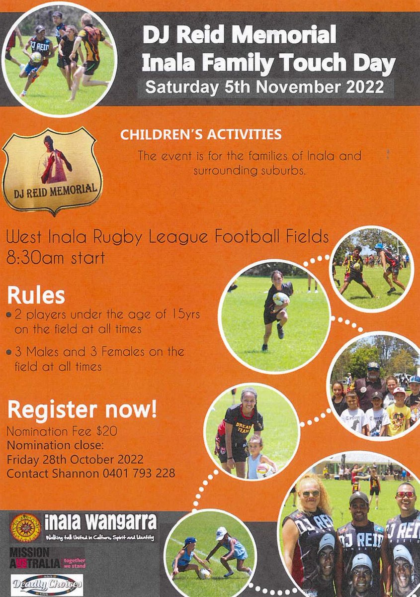 DJ Reid Memorial Inala Family Touch Day 
Saturday 5th November 2022
Team nominations closing this Friday,
contact Shannon on 0401793228

#inala #brisbane #familytouch #blak #deadly
