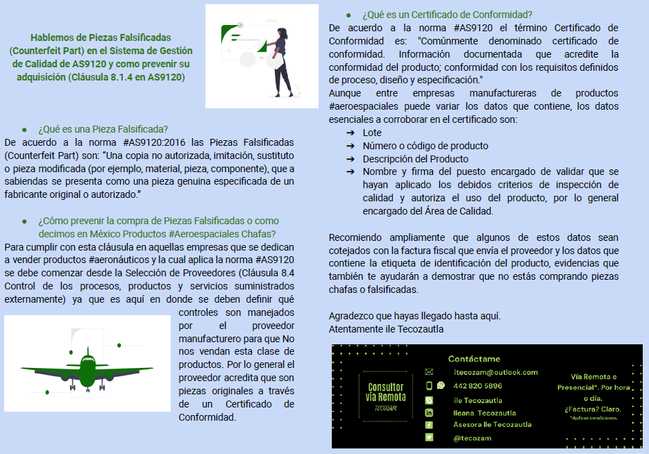 tecozam's tweet photo. ✈ 🔹 ¿Qué son las partes falsificadas (Counterfeit Part) en el Sistema de Gestión de #calidad para el Sector #aeroespacial y como puedes evitar su adquisición? #AS9120 #AS9100 #ISO9001 #SGC #aeronáutica #aeronautica https://t.co/zXW6Raw0Ao
