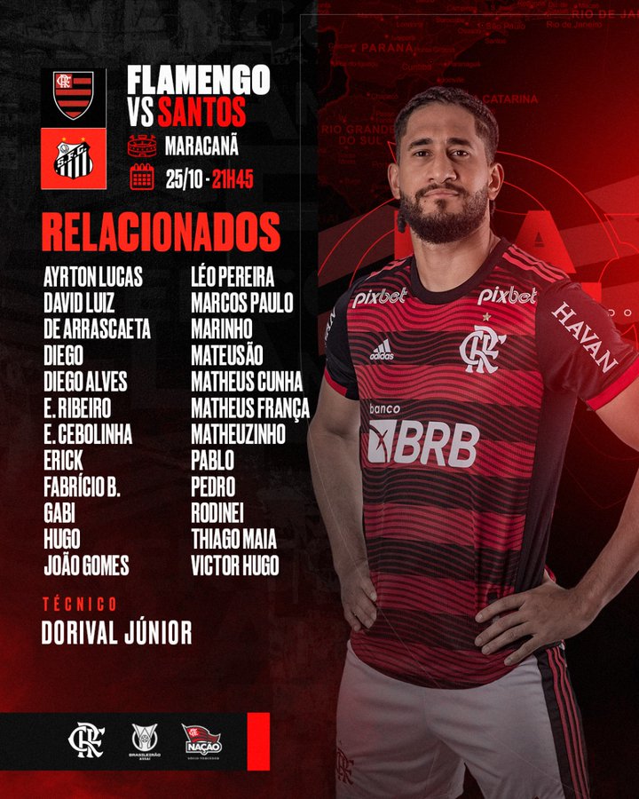 Relacionados pelo Flamengo para encarar o Santos, nesta noite, no Maracanã, pela 34ª rodada do @Brasileirao. #QuartaHeroisDoSDV #BrasileirãoSerieA