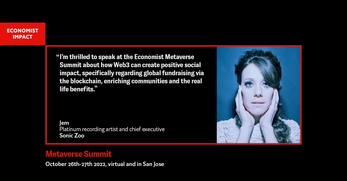 Thrilled to be speaking at <a href="/EconomistEvents/">Economist Impact events</a> inaugural Metaverse Summit this Thurs Oct 27 @ 1.15pm ET An amazing panel with <a href="/AllysonDowney/">Allyson Downey</a> @G_DAnderson &amp; <a href="/Maliha_z_Art/">Maliha | Artist , Author</a> moderating! 🙌Discussing Web3+social impact💫 Free registration come join! events.economist.com/metaverse/ #EconMetaverse