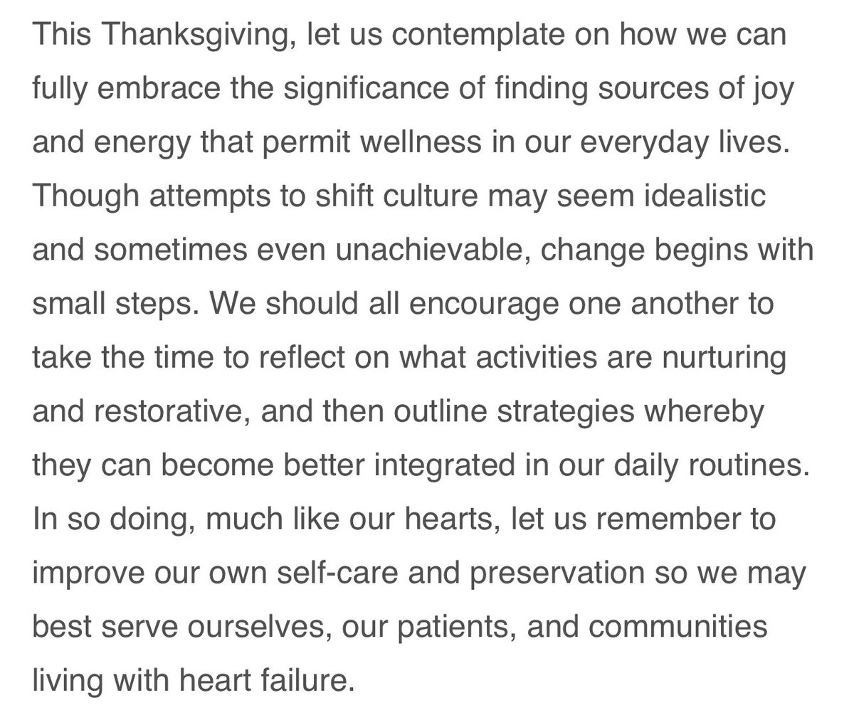 We are of little use running on empty. Let’s do more than ‘normalize’ self-care. Let’s prioritize it. Not by getting a massage or taking a day off, but by finding what nurtures us & integrating it into everyday life. @JCardFail from 11/21 w/@robmentz onlinejcf.com/article/S1071-…