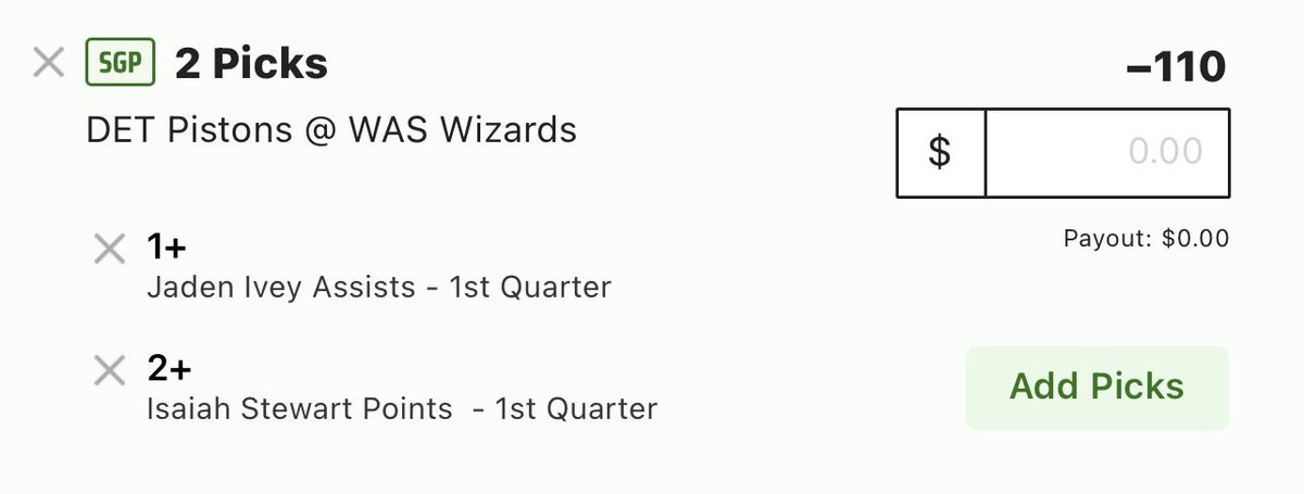 anotherpropguy's tweet photo. 1U - Jaden Ivey 1+ 1Q Ast / Isaiah Stewart 2+ 1Q Pts (-110)

Ivey
3,4,1 1Q assists this season
Wizards and Pistons had the 5th and 8th most possessions last game. 

Stewart 
5,4,2 1Q pts this season
8,6,2 1Q pts vs Porzingis  

This can cash in one play. That is fun. https://t.co/NrkPKobFHf
