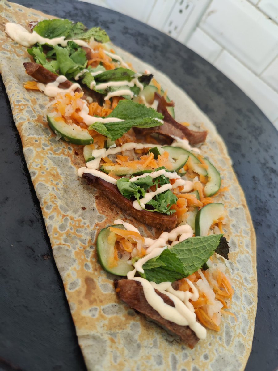 cloud9crepes's tweet photo. In the mood for something light but filling? Try out sausage banh mi inspired crepe: chicken sausage, carrot daikon cucumber slaw, mint and cilantro leaves and a Sriracha mayo drizzle. https://t.co/ch9IcLJVkH