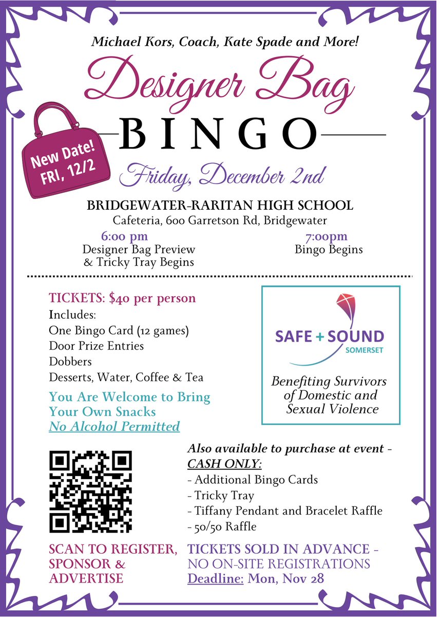 SafeSoundNJ's tweet image. We've changed our date to Fri, 12/2! Designer Bag Bingo is your chance to win designer bags and other great prizes in the 50/50 and Tricky Tray. For more info or to register, see bit.ly/3ChdWil. 
#DesignerBagBingo #Bingo #Fundraiser #WeBelieveSurvivors #SafeSoundSomerset
