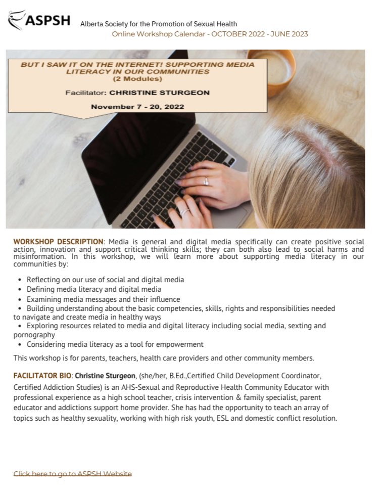 ASPSH's tweet image. Online workshop, BUT I SAW IT ON THE INTERNET: SUPPORT MEDIA LITERACY IN OUR COMMUNITIES, facilitated by Christine Sturgeon, Nov 7th- 20th. Explore positive and negative aspects of media in general and digital media in particular. Go to ASPSH.ca/shop