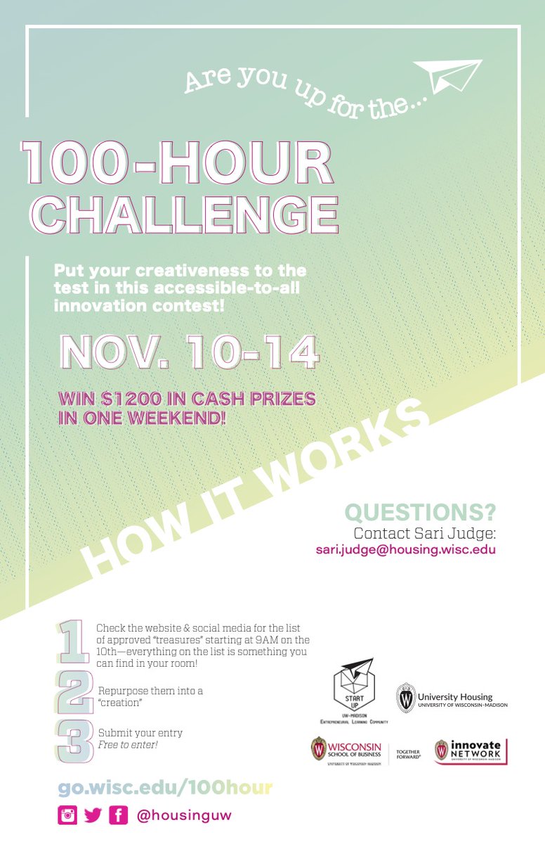 The 100-Hour Challenge is one of University of Wisconsin-Madison's signature campus-wide entrepreneurial contests. It is open to all enrolled students and very popular with undergraduates. 

For more information visit: lnkd.in/g58Q7-Fa