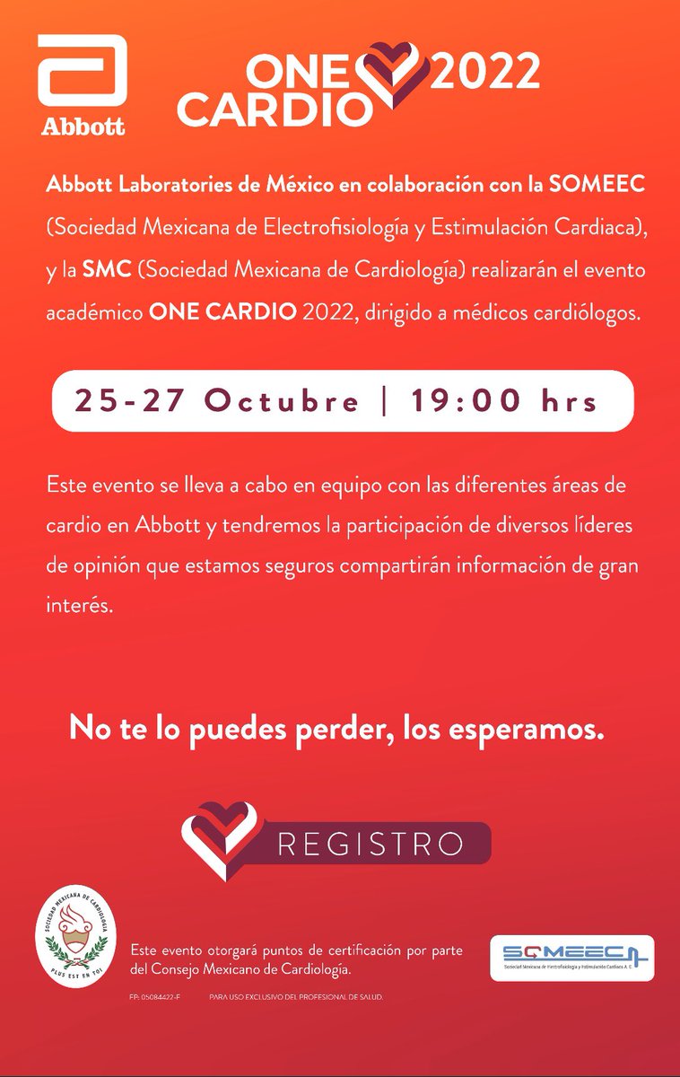 smexcardiologia's tweet photo. One Cardio 2022 @AbbottCardio
Regístrese aquí👇🏻:
https://t.co/cyYcYBSHJ8
#soySmc #SoMeCa https://t.co/Ghm6PwHHws