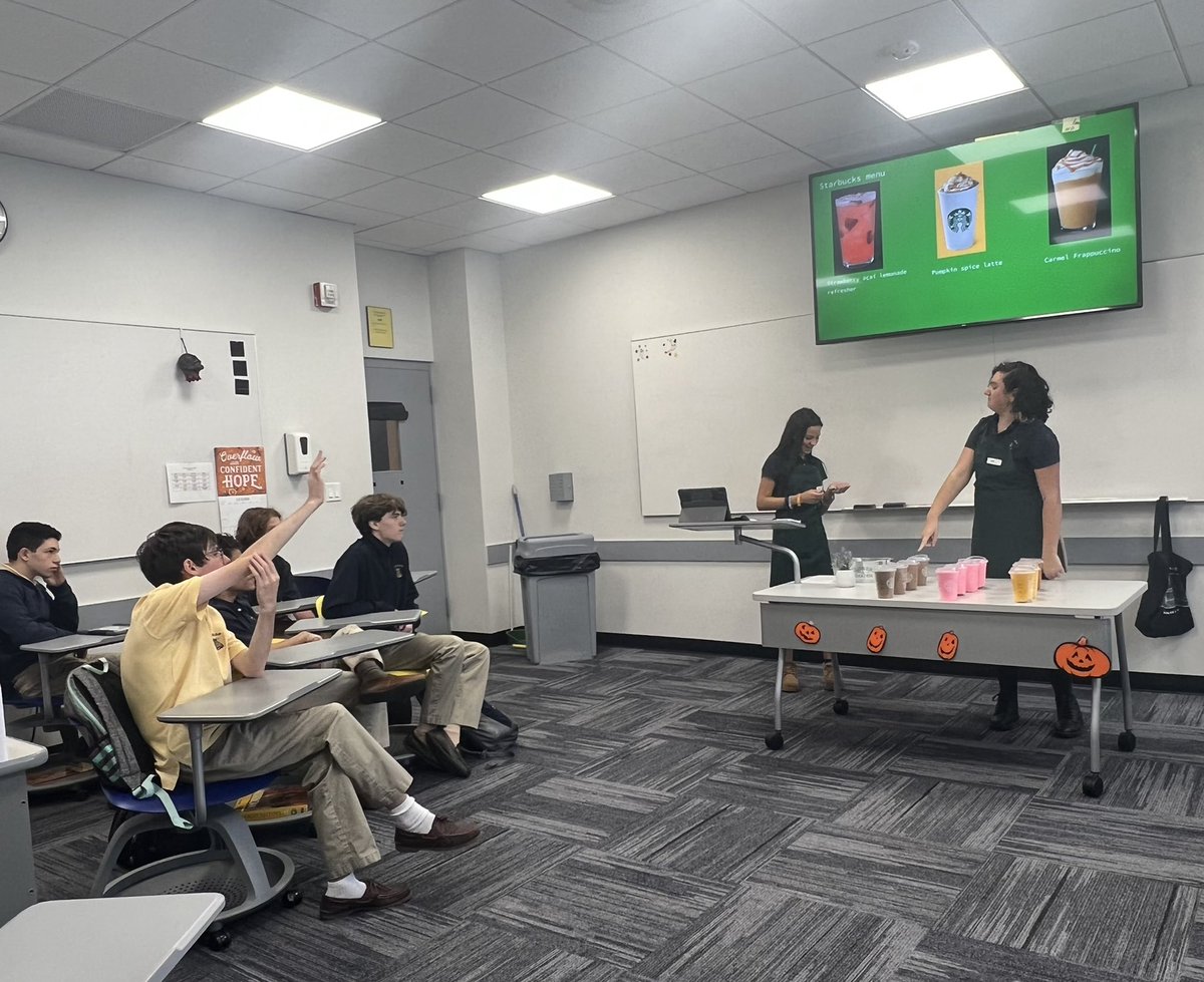 DNapoliXHS's tweet photo. Sophomores Gabi and Sam=effective paired presentation partners! Together they came up with an unforgettable idea/way to teach their classmates the unfamiliar words #pseudonym &amp; #riveting through a real world application- A Starbucks Run! #pseudonym #riveting #starbucksatxaverian https://t.co/UBWaw8wxpI