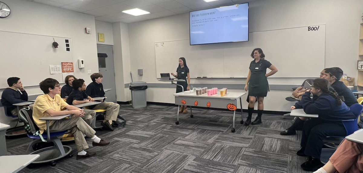 DNapoliXHS's tweet photo. Sophomores Gabi and Sam=effective paired presentation partners! Together they came up with an unforgettable idea/way to teach their classmates the unfamiliar words #pseudonym &amp; #riveting through a real world application- A Starbucks Run! #pseudonym #riveting #starbucksatxaverian https://t.co/UBWaw8wxpI