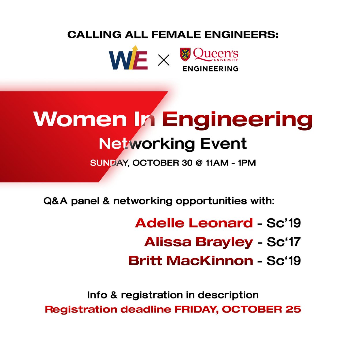 CALLING ALL FEMALE ENGINEERS: the Women In Engineering Networking Event

Location: The Tea Room, Beamish Munro Hall, 45 Union Street, Kingston, ON
Time: Sunday, October 30th @ 11AM - 1PM

Registration deadline is this Friday, October 25th @ 4PM. Registration link in bio.