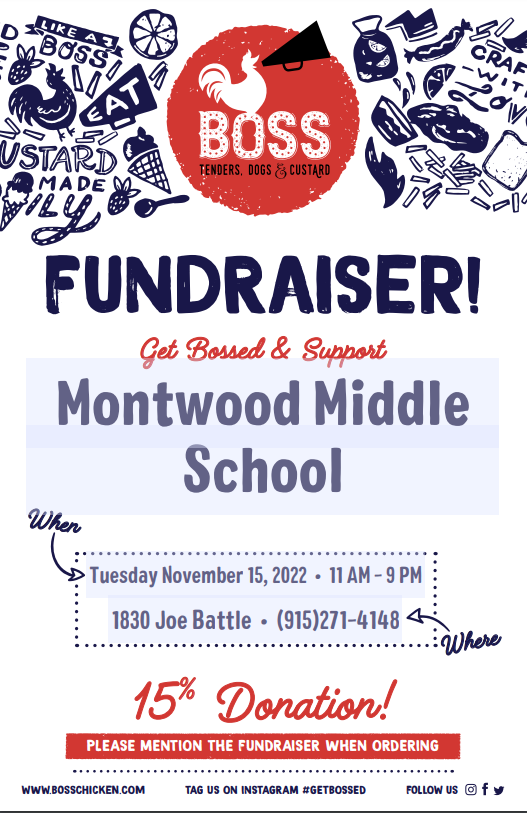 @Montwood_MS families & community. It is never to early to start planning dinner. Add BOSS Night on your Calendar NOW!!! Support MMS on Tuesday, November 15th from 11 a -9 p @ 1830 Joe Battle. Thank you for your continued support. @lsando04_MMS @noecantu_MMS @MMCounselors