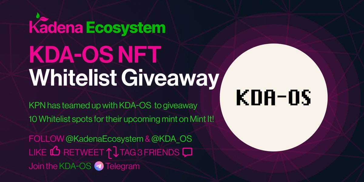 🚨GIVEAWAY ALERT🚨

We have teamed up with <a href="/KDA_OS/">KDA-OS</a> to #giveaway 10 #Whitelist spots to their upcoming mint on <a href="/MintItOnKadena/">MINT IT</a>!

To enter:
FOLLOW <a href="/KadenaEcosystem/">Kadena Ecosystem</a> &amp; <a href="/KDA_OS/">KDA-OS</a>   
LIKE💙RT🔁TAG 3 FRIENDS 🫂
JOIN t.me/kda_os

#Kadena #NFT #Mintober #KPN